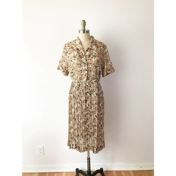 40s Brown Autumn Floral Dress A Line Sheer Daisy - Picture 3 of 10